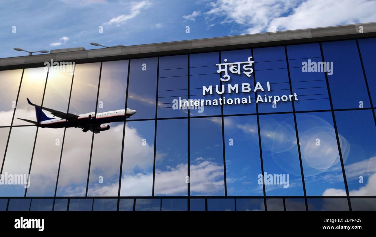 Jet Aircraft atterrando a Mumbai, Bombay, India, Maharashtra 3D rappresentazione illustrazione. Arrivo in città con il terminal dell'aeroporto di vetro e riflessione o Foto Stock