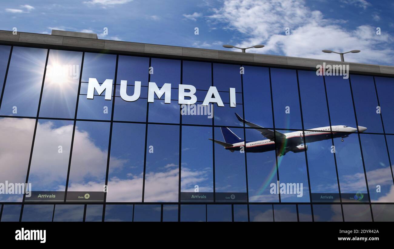 Jet Aircraft atterrando a Mumbai, Bombay, India, Maharashtra 3D rappresentazione illustrazione. Arrivo in città con il terminal dell'aeroporto di vetro e riflessione o Foto Stock