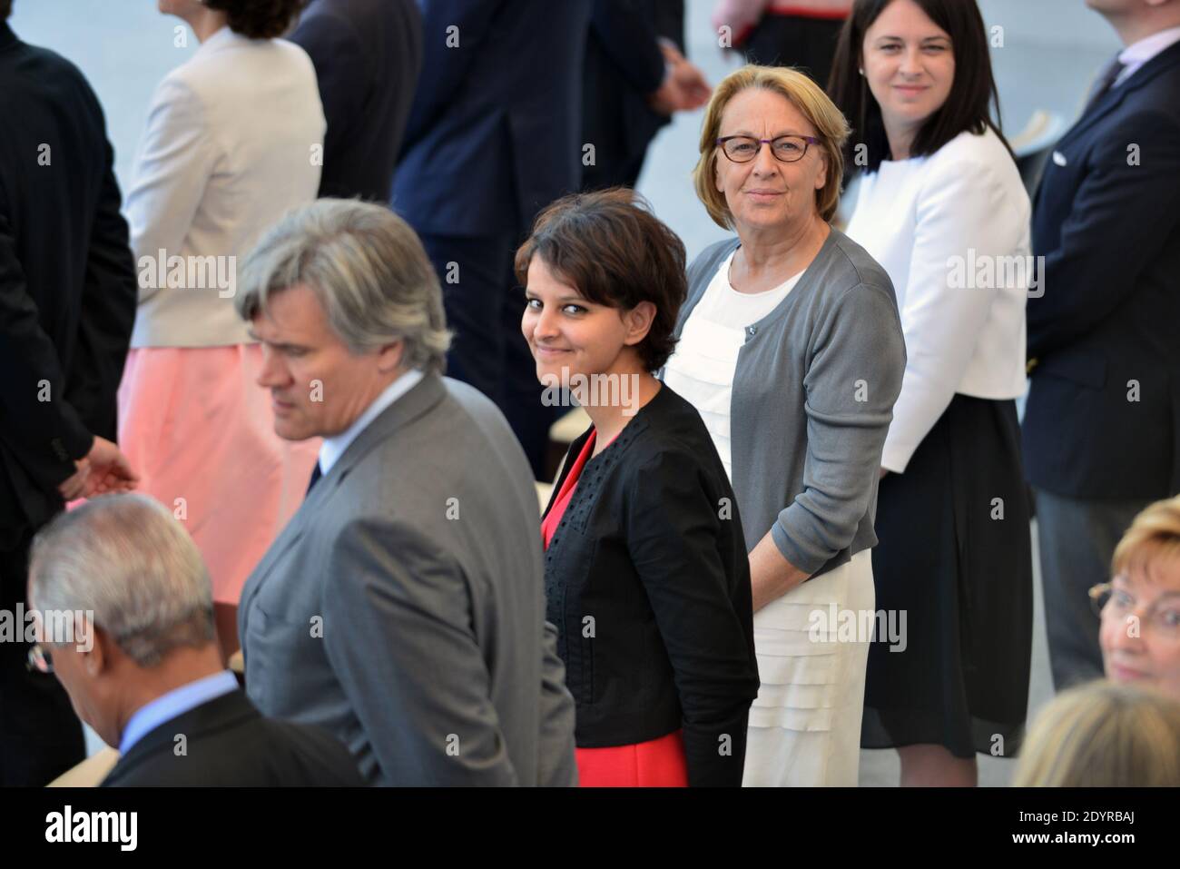 (L-R) Stephane le foll, Najat Vallaud-Belkacem e Marylise Lebranchu partecipano alla parata militare annuale della Bastiglia del 2013 in Place de la Concorde a Parigi, Francia, il 14 luglio 2013. Foto di Ammar Abd Rabbo/ABACAPRESS.COM Foto Stock