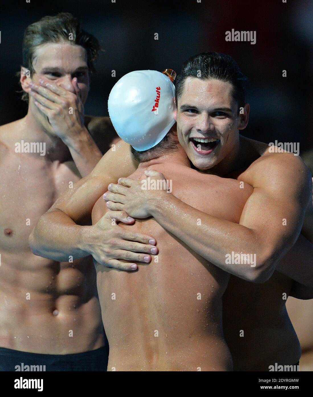 Il team francese Yannick Agnel, Florent Manaudou, Fabien Gillot e Jeremy Stravius hanno vinto la 4x100m durante il 15° campionato mondiale di nuoto della FINA al Montjuic Municipal Pool di Barcellona, in Spagna, il 2013 luglio. Foto di Christian Liegi/ABACAPRESS.COM Foto Stock