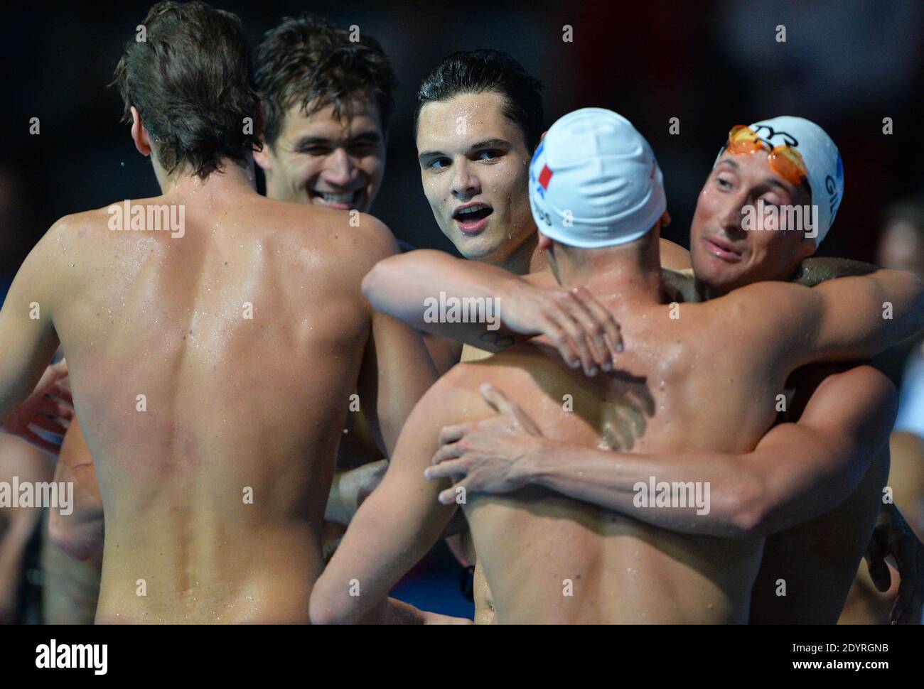 Il team francese Yannick Agnel, Florent Manaudou, Fabien Gillot e Jeremy Stravius hanno vinto la 4x100m durante il 15° campionato mondiale di nuoto della FINA al Montjuic Municipal Pool di Barcellona, in Spagna, il 2013 luglio. Foto di Christian Liegi/ABACAPRESS.COM Foto Stock