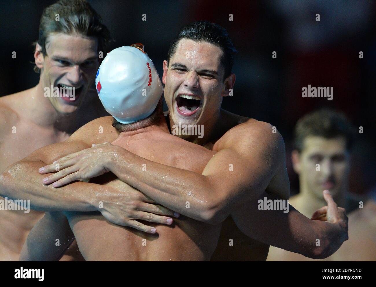 Il team francese Yannick Agnel, Florent Manaudou, Fabien Gillot e Jeremy Stravius hanno vinto la 4x100m durante il 15° campionato mondiale di nuoto della FINA al Montjuic Municipal Pool di Barcellona, in Spagna, il 2013 luglio. Foto di Christian Liegi/ABACAPRESS.COM Foto Stock
