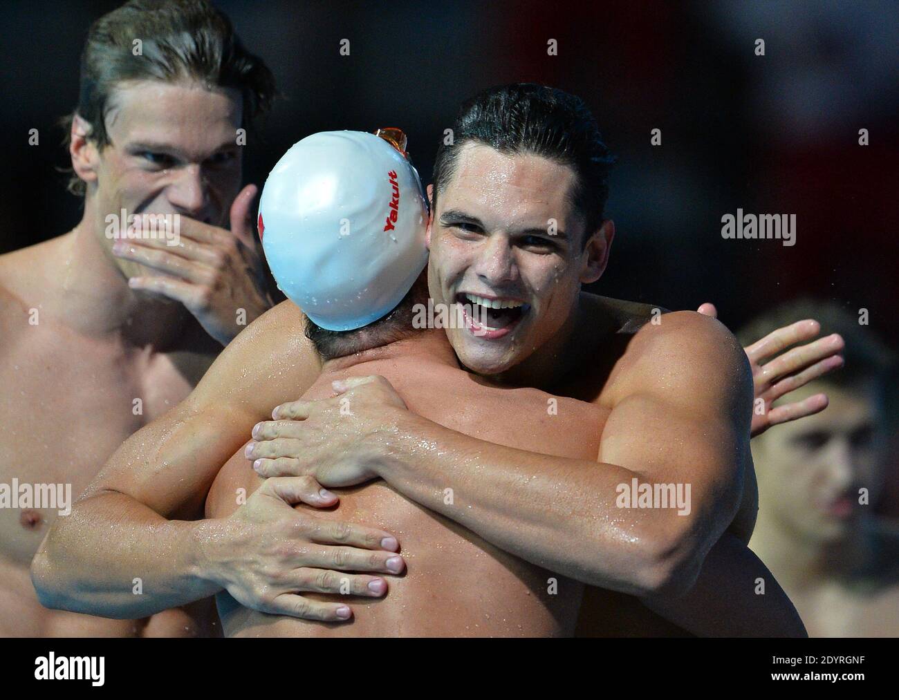 Il team francese Yannick Agnel, Florent Manaudou, Fabien Gillot e Jeremy Stravius hanno vinto la 4x100m durante il 15° campionato mondiale di nuoto della FINA al Montjuic Municipal Pool di Barcellona, in Spagna, il 2013 luglio. Foto di Christian Liegi/ABACAPRESS.COM Foto Stock