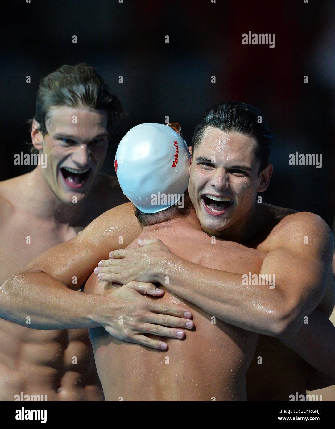 Il team francese Yannick Agnel, Florent Manaudou, Fabien Gillot e Jeremy Stravius hanno vinto la 4x100m durante il 15° campionato mondiale di nuoto della FINA al Montjuic Municipal Pool di Barcellona, in Spagna, il 2013 luglio. Foto di Christian Liegi/ABACAPRESS.COM Foto Stock