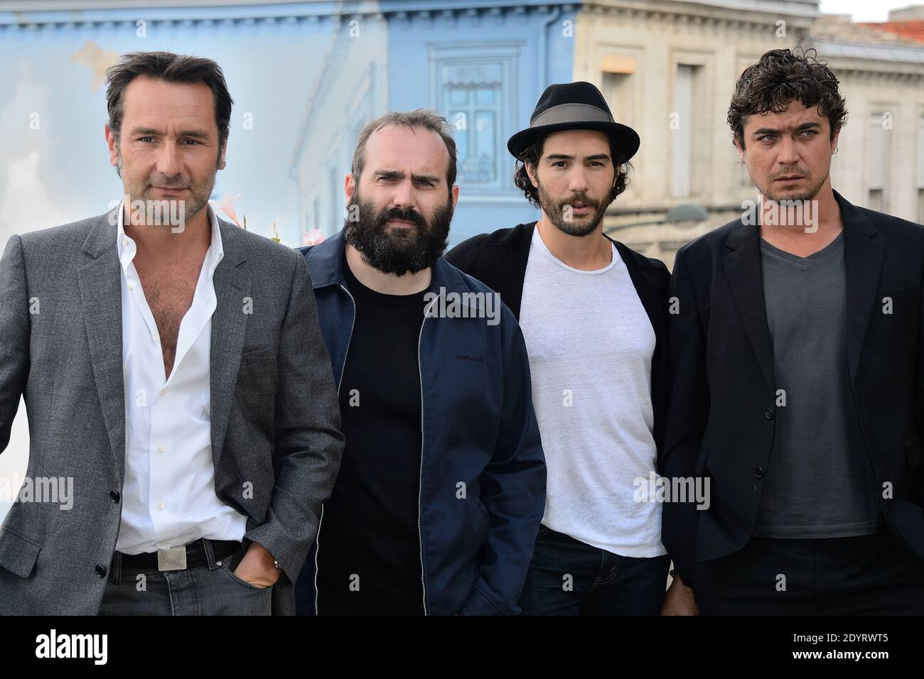 Gilles Lellouche, Julien Leclercq, Tahar Rahim e Riccardo Scamarcio si pongono per la fotocellula di 'Gibilterra' durante il 6° Festival del Cinema di Angouleme, in Francia, il 24 agosto 2013. Foto di Nicolas Briquet/ABACAPRESS.COM Foto Stock