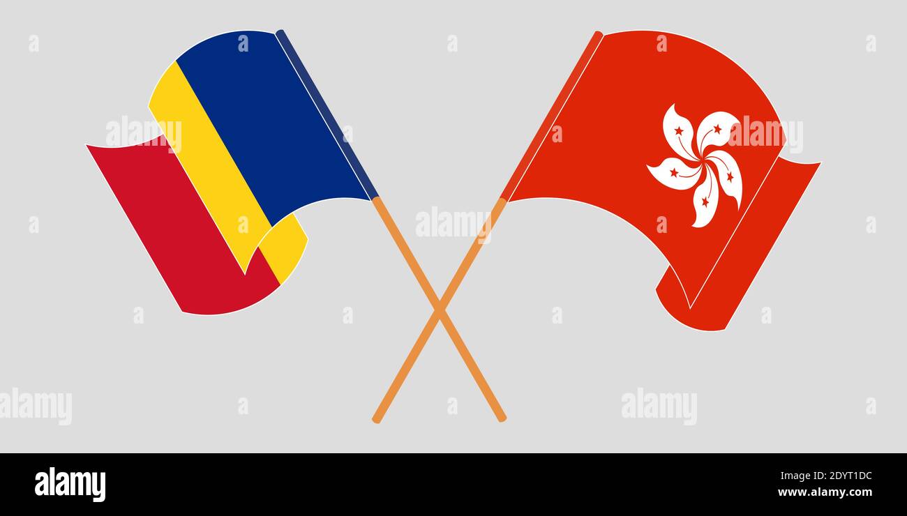Bandiere incrociate e sventolanti di Hong Kong e Romania. Illustrazione vettoriale Illustrazione Vettoriale