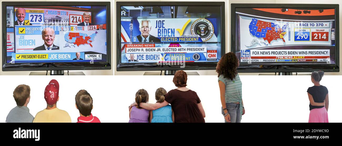 TV via cavo televisione schermo monitor 2020 Stati Uniti risultati presidenziali elezioni, Joe Biden Donald Trump voti college elettorale popolare conteggio voti, MSNBC CNN F Foto Stock