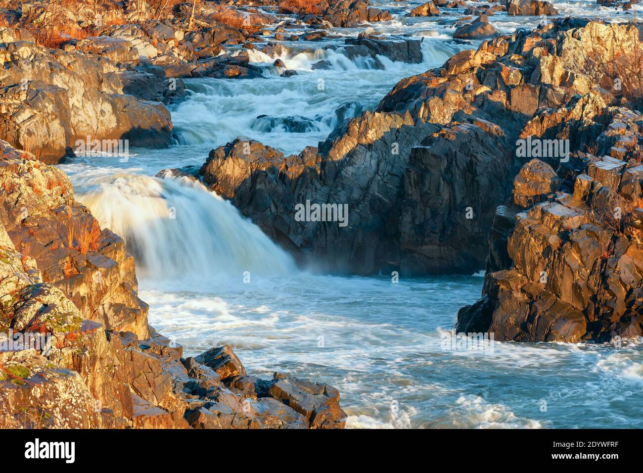 Parte delle Great Falls del fiume Potomac all'alba invernale. Virginia. STATI UNITI Foto Stock