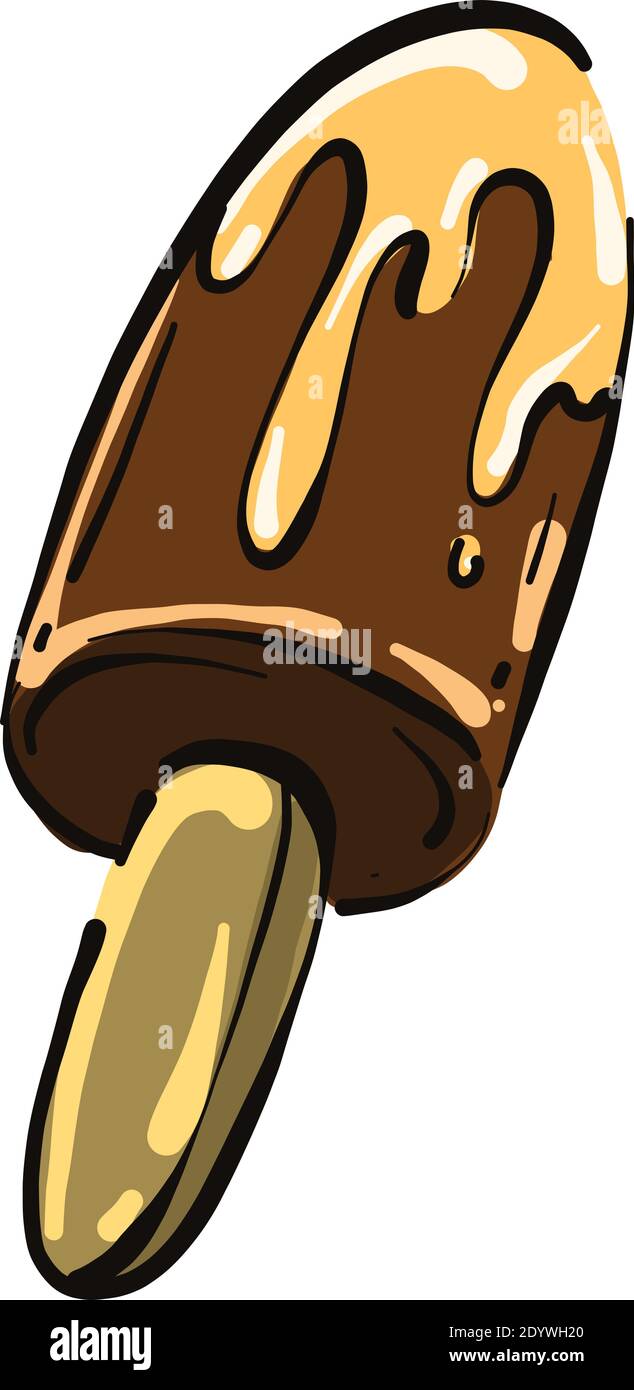 Gelato al cioccolato su un bastone, illustrazione, vettore su sfondo bianco. Illustrazione Vettoriale