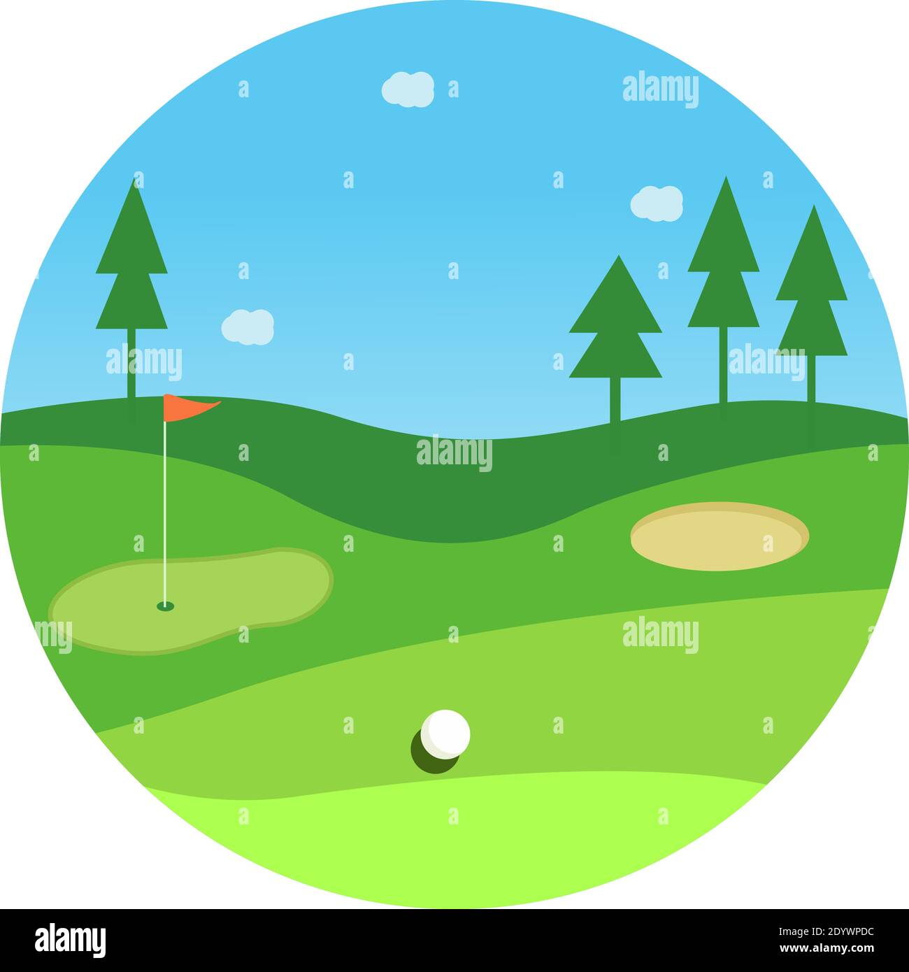 Campo da golf, illustrazione, vettore su sfondo bianco. Illustrazione Vettoriale