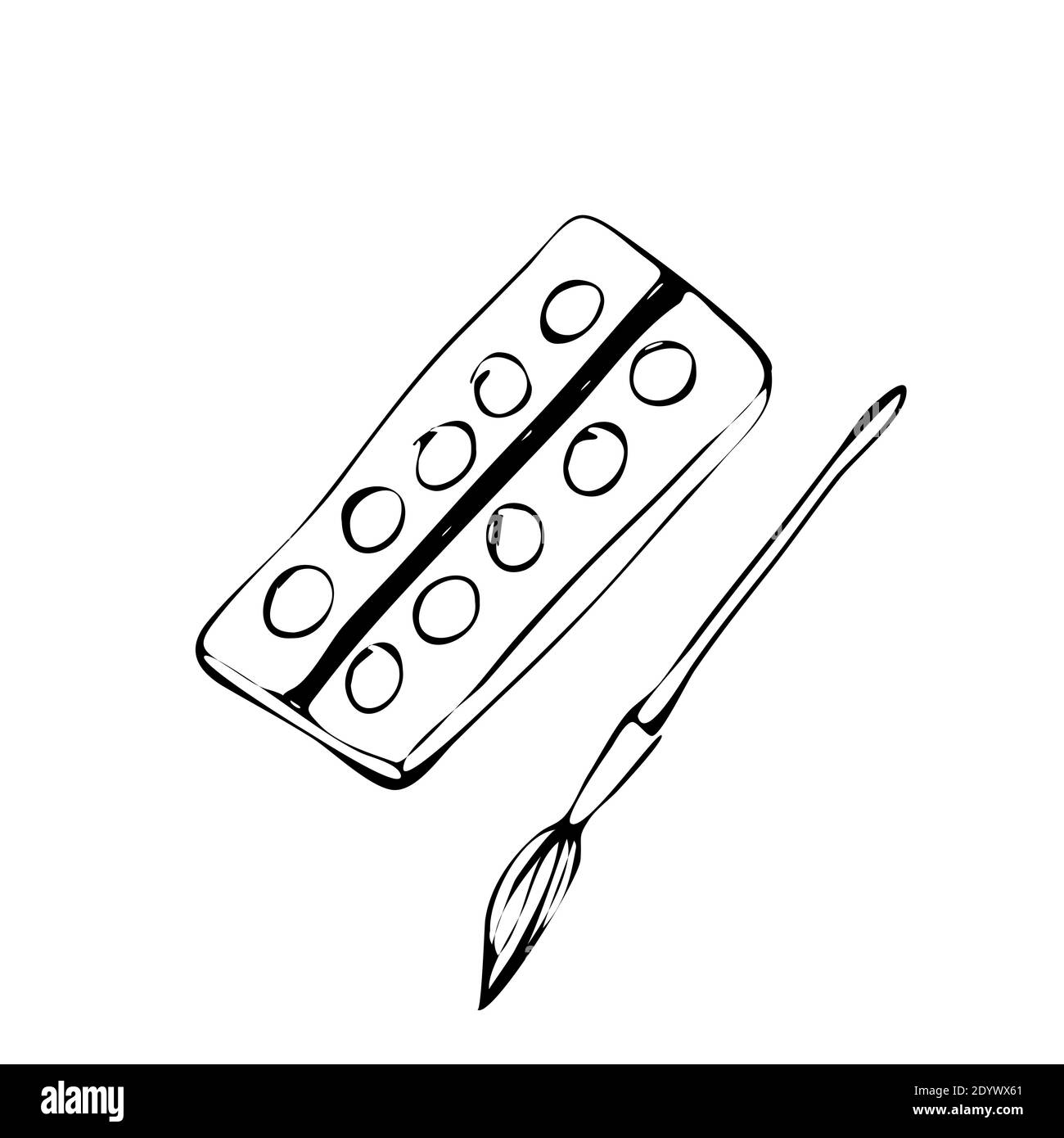 Una scatola con vernici ad acquerello e un pennello. Stile doodle, schizzo. Illustrazione vettoriale Illustrazione Vettoriale