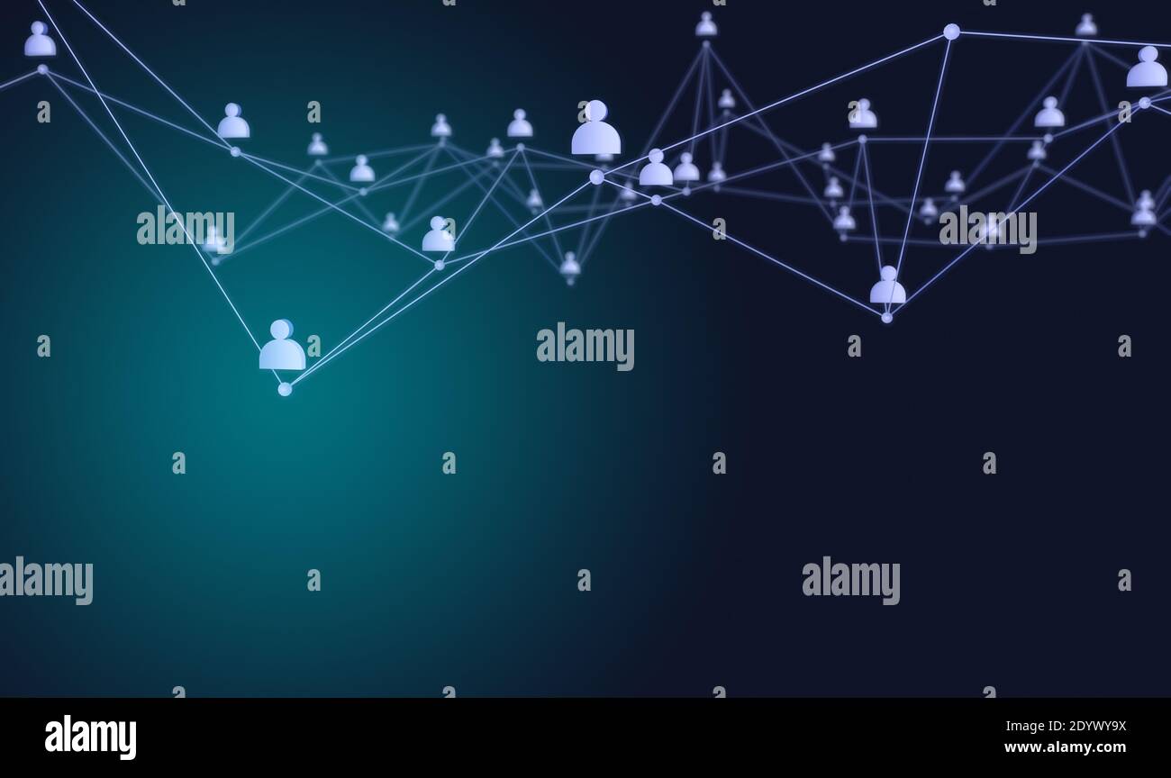 Collegamento sociale o comunicazione aziendale. Rete di contatti su sfondo blu. rendering 3d Foto Stock