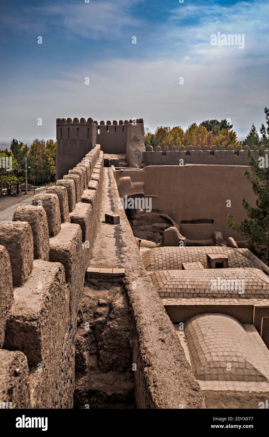 Vista del castello di Rayen, abbandonata cittadella di adobe alla periferia del deserto intorno a Kerman, Iran. Foto Stock