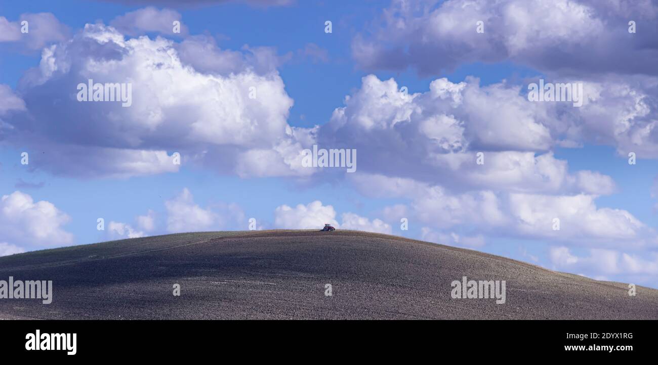 Trattore in cima alla collina. Agricoltura sostenibile: Terra arata con cielo blu e nuvole. Foto Stock