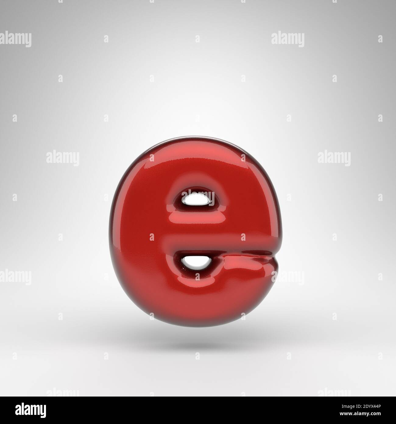 Lettera e minuscola su sfondo bianco. Vernice rossa per auto con rendering 3D e superficie metallica lucida. Foto Stock