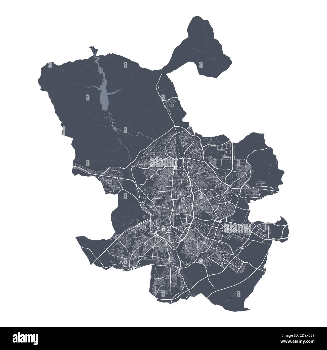 Mappa di Madrid. Mappa vettoriale dettagliata dell'area amministrativa della città di Madrid. Poster del paesaggio urbano vista aria metropolitana. Terra buia con strade bianche, strade e un Illustrazione Vettoriale