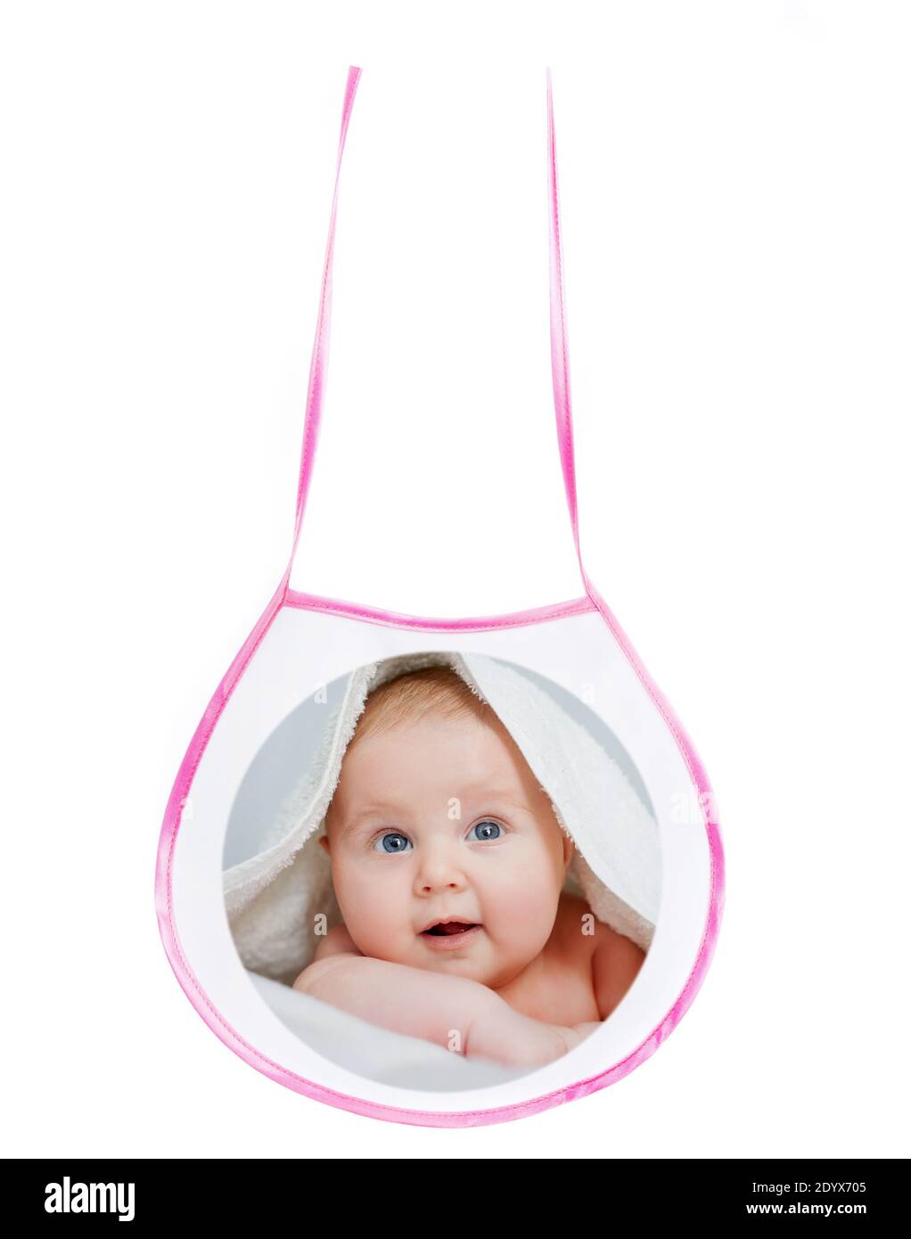 Carino bib per l'alimentazione del bambino con stampa personale isolata sfondo bianco Foto Stock