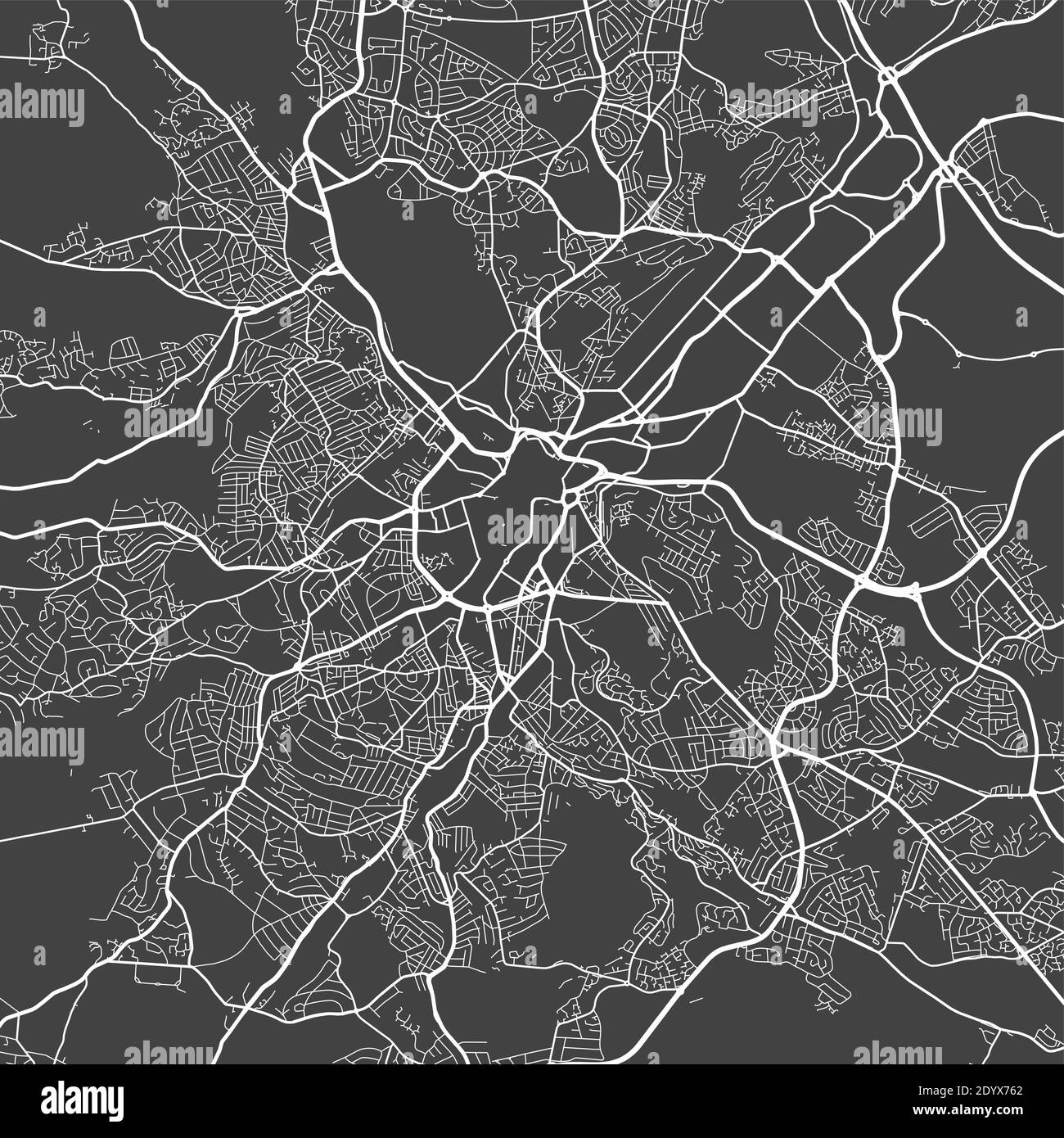 Mappa urbana di Sheffield. Illustrazione vettoriale, poster a scala di grigi della mappa di Sheffield. Immagine della mappa stradale con strade, vista dell'area metropolitana. Illustrazione Vettoriale