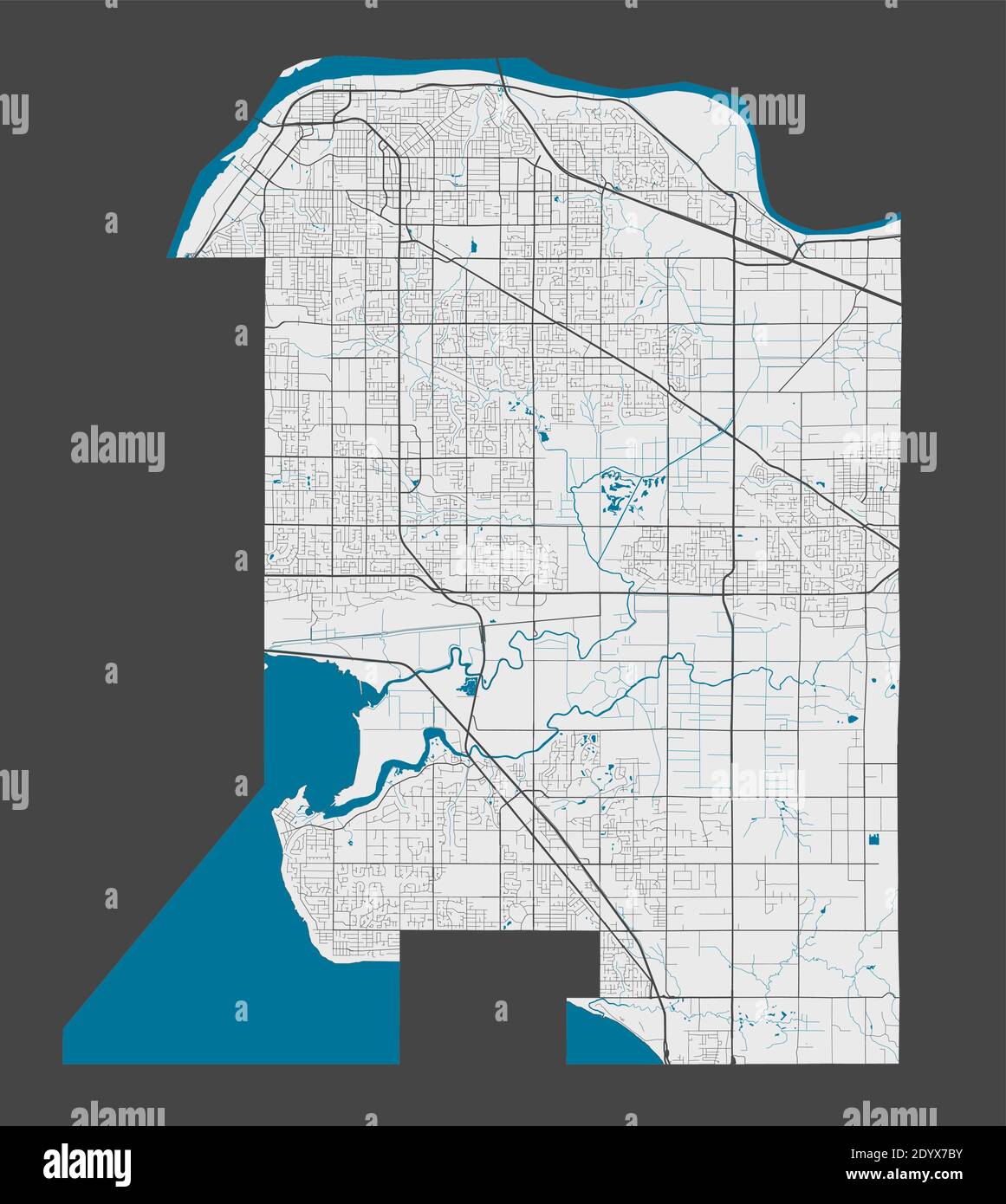 Mappa di Surrey. Mappa dettagliata dell'area amministrativa della città di Surrey. Panorama cittadino. Illustrazione vettoriale priva di royalty. Mappa con autostrade, strade, Illustrazione Vettoriale