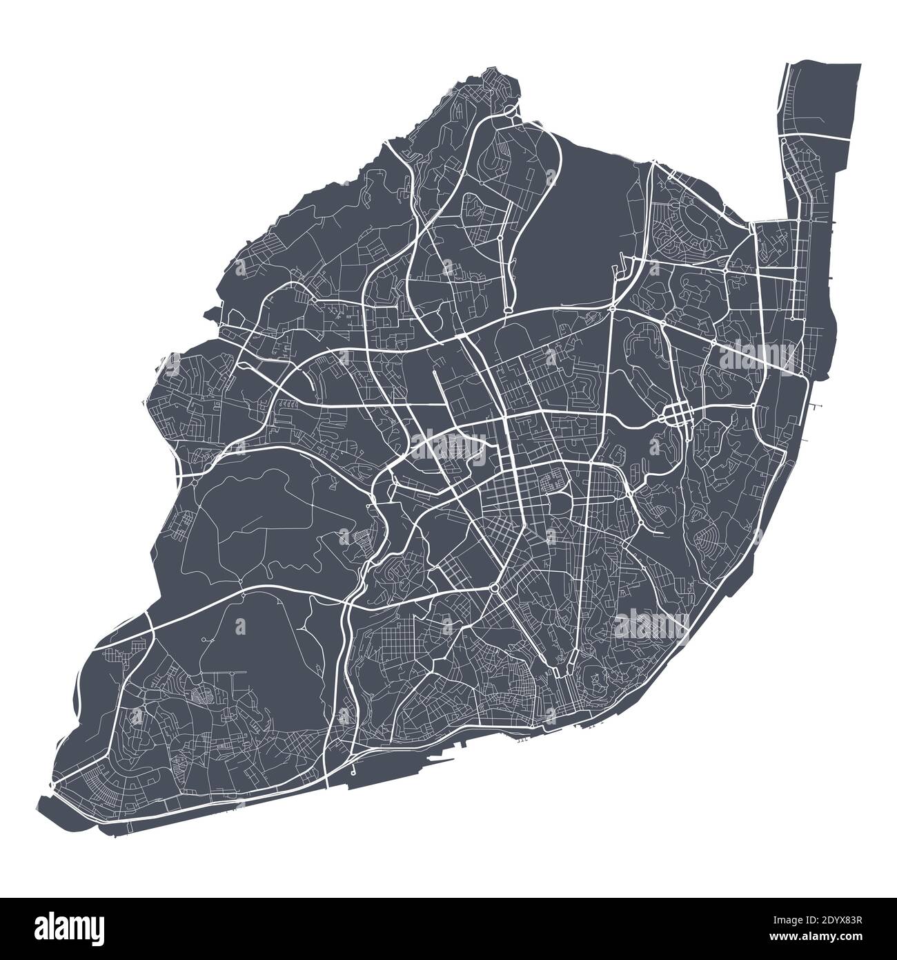 Mappa di Lisboa. Mappa vettoriale dettagliata dell'area amministrativa della città di Lisboa. Poster del paesaggio urbano vista aria metropolitana. Terra buia con strade bianche, strade e un Illustrazione Vettoriale
