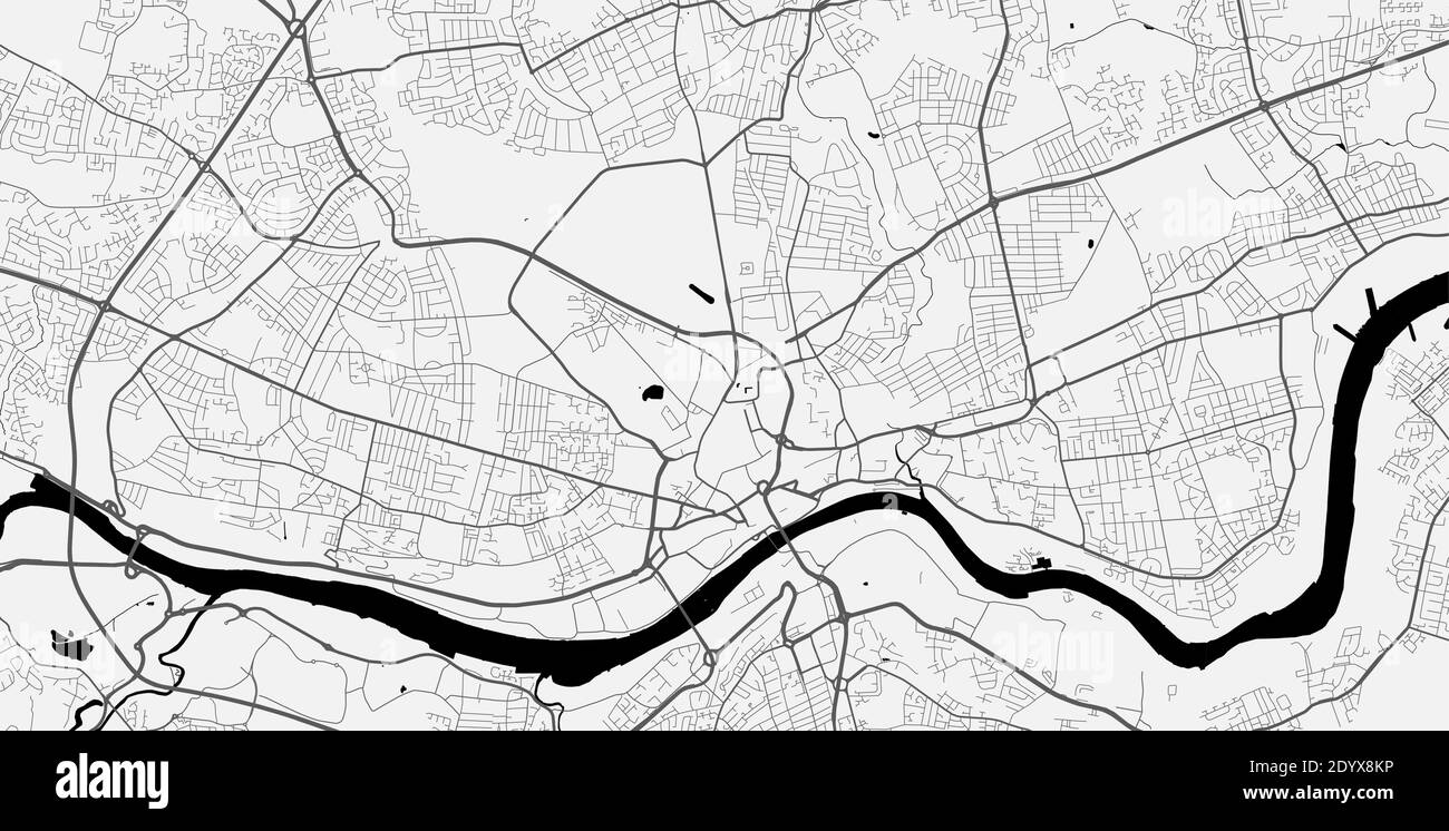 Mappa urbana di Newcastle upon Tyne. Illustrazione vettoriale, poster della mappa in scala di grigi Newcastle upon Tyne. Immagine della mappa stradale con strade, ci metropolitano Illustrazione Vettoriale