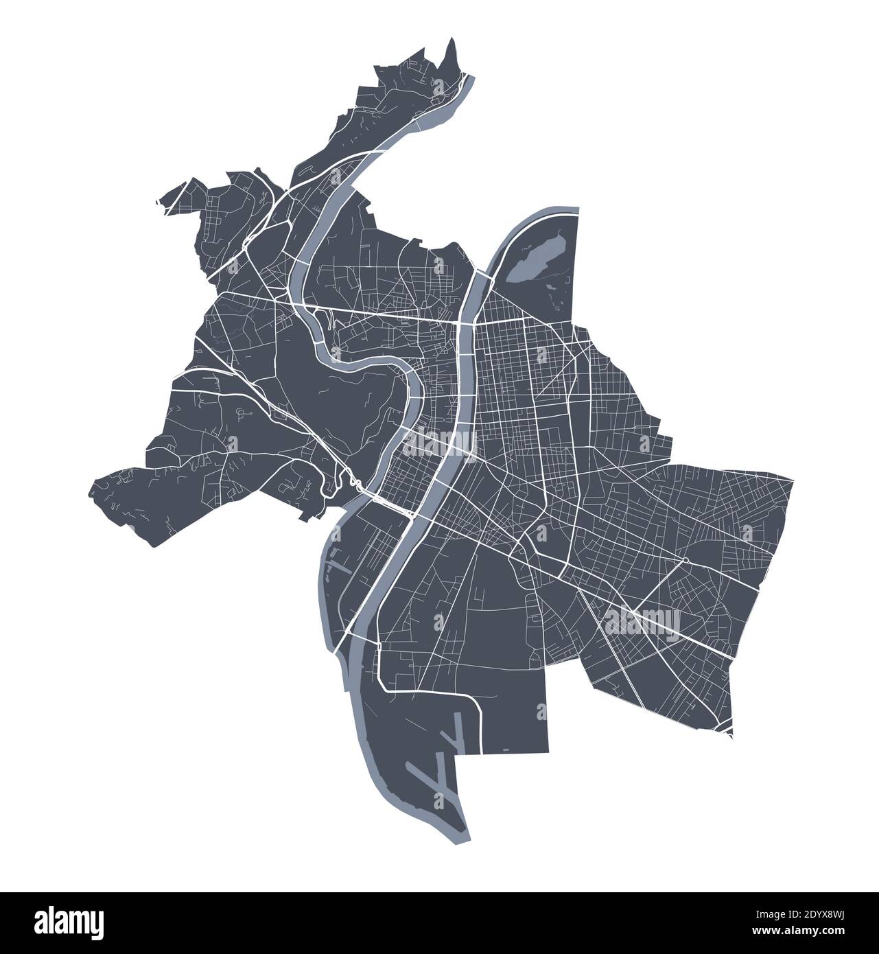 Mappa di Lione. Mappa vettoriale dettagliata dell'area amministrativa della città di Lione. Poster del paesaggio urbano vista aria metropolitana. Terra buia con strade bianche, strade e viali Illustrazione Vettoriale