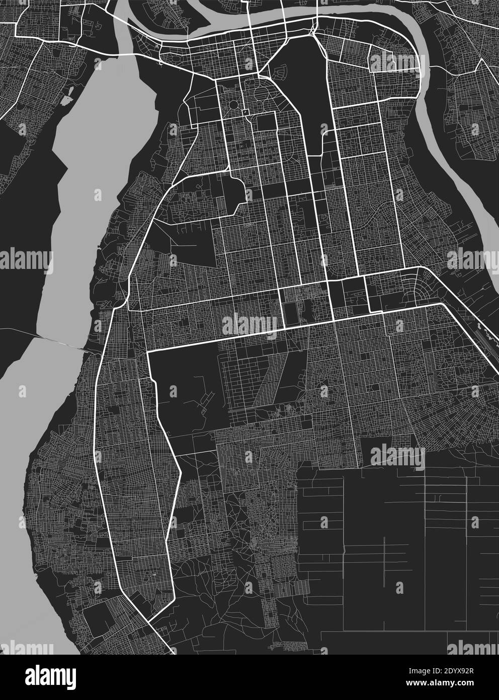 Mappa urbana di Tunisi. Illustrazione vettoriale, poster della mappa in scala di grigi di Khartoum. Immagine della mappa stradale con strade, vista dell'area metropolitana. Illustrazione Vettoriale