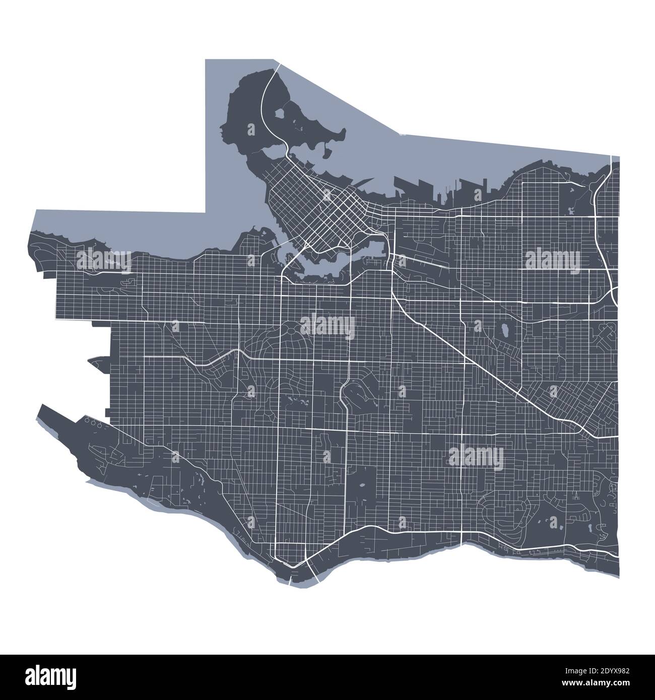 Vancouver mappa. Mappa vettoriale dettagliata dell'area amministrativa della città di Vancouver. Poster del paesaggio urbano vista aria metropolitana. Terra buia con strade bianche Illustrazione Vettoriale