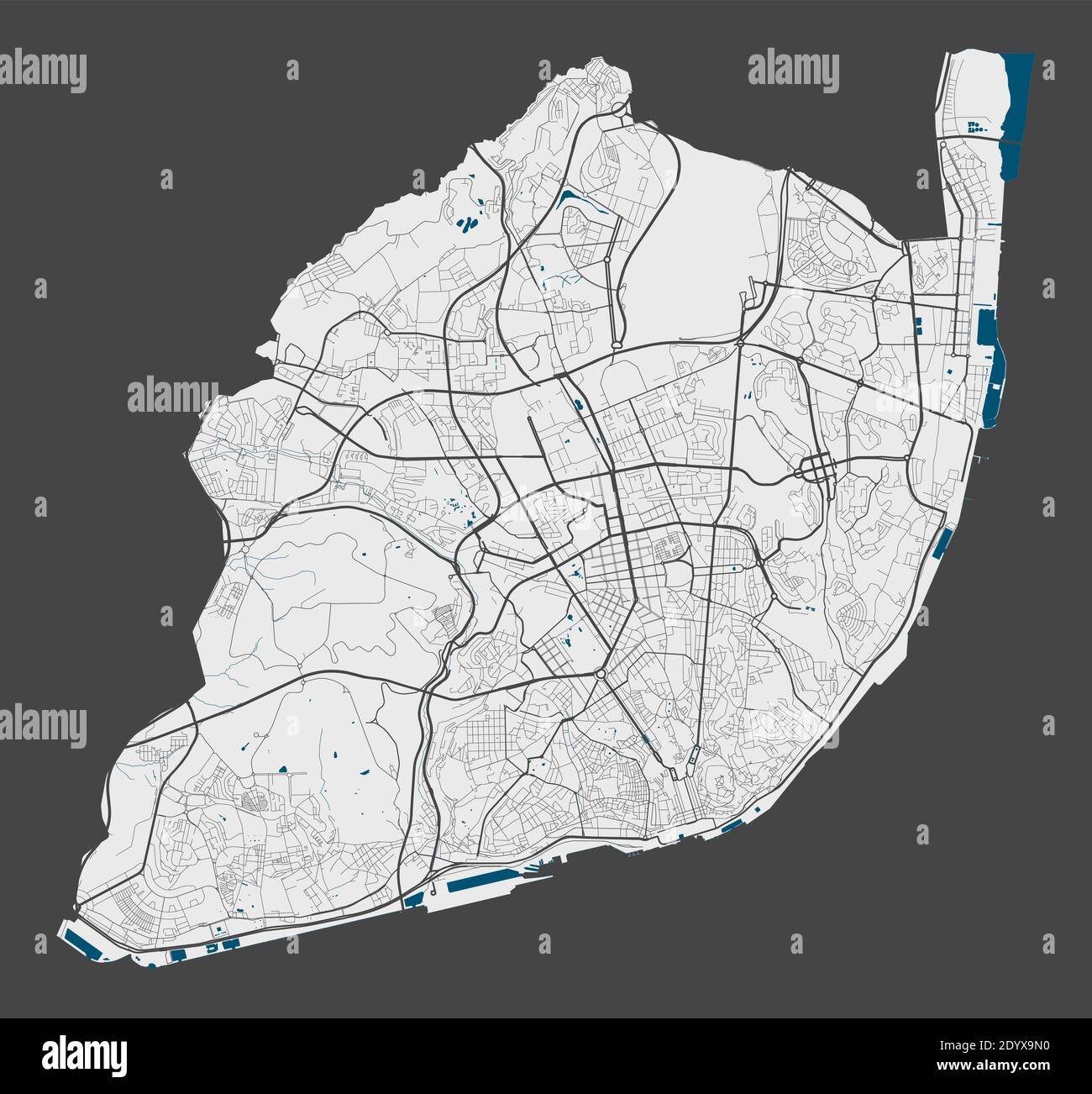Mappa di Lisboa. Mappa dettagliata dell'area amministrativa della città di Lisboa. Panorama cittadino. Illustrazione vettoriale priva di royalty. Mappa lineare con autostrade, s Illustrazione Vettoriale