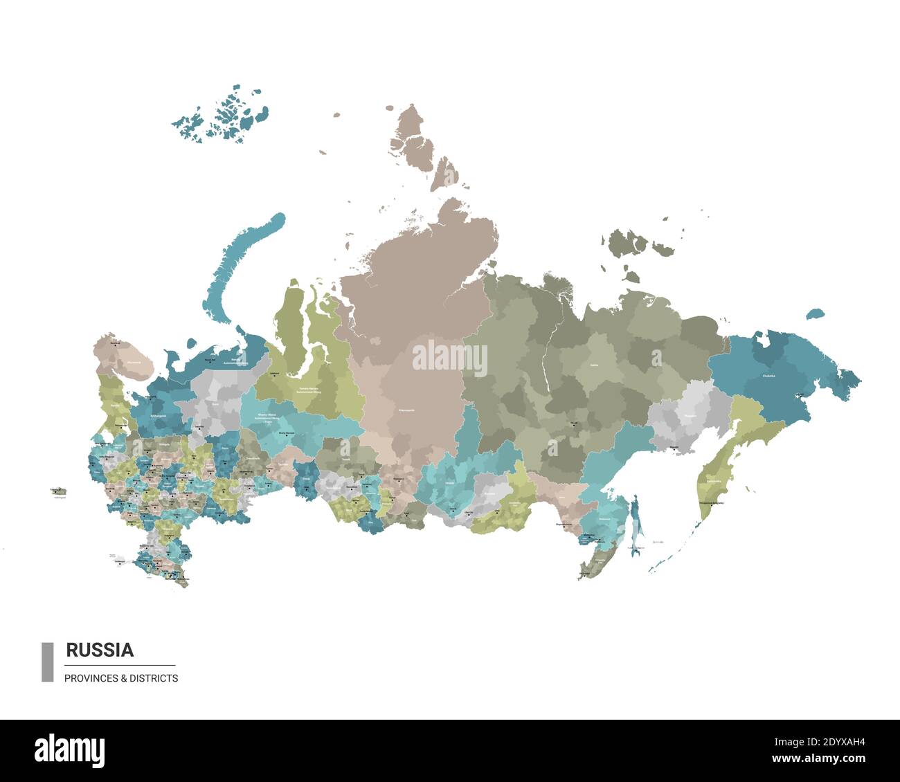 La Russia ha una mappa dettagliata con suddivisioni. Mappa amministrativa della Russia con il nome di distretti e città, colorata per stati e distretto amministrativo Illustrazione Vettoriale