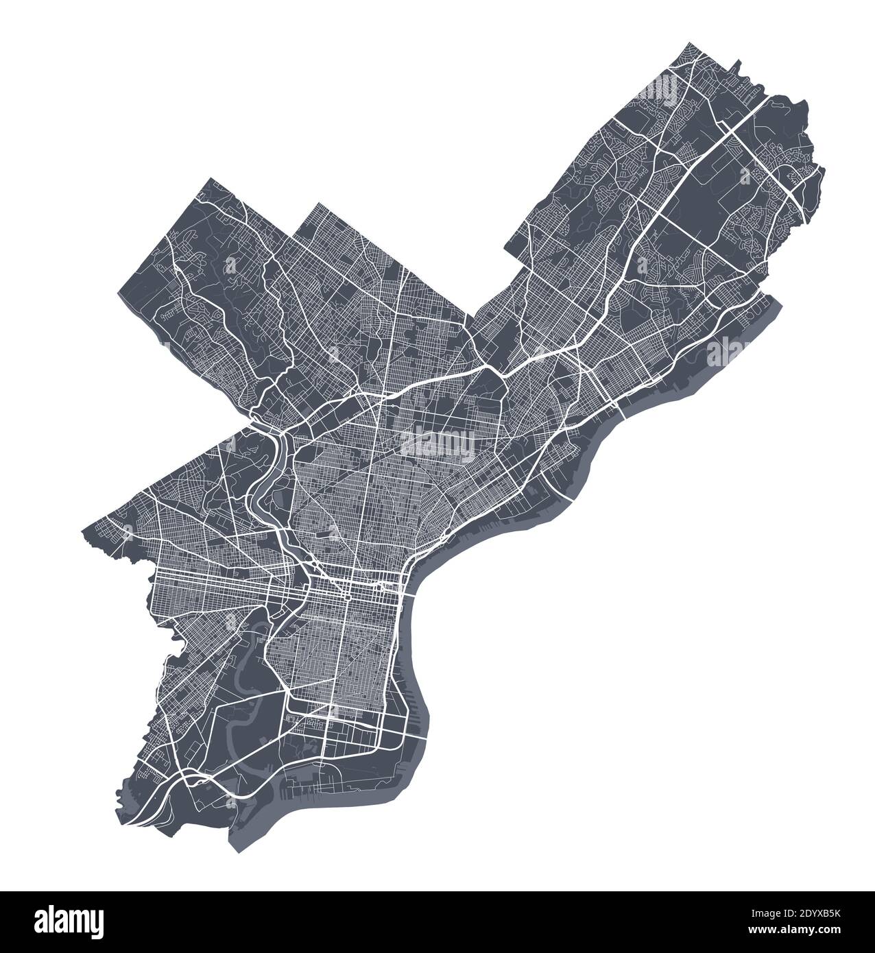 Mappa di Filadelfia. Mappa vettoriale dettagliata dell'area amministrativa della città di Filadelfia. Poster scuro con strade su sfondo bianco. Illustrazione Vettoriale