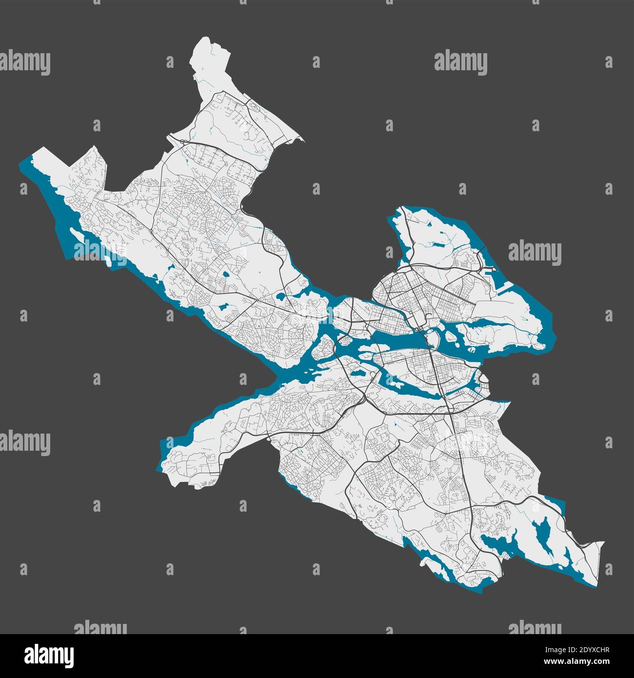 Mappa di Stoccolma. Mappa dettagliata dell'area amministrativa della città di Stoccolma. Panorama cittadino. Illustrazione vettoriale priva di royalty. Mappa con autostrade, st Illustrazione Vettoriale