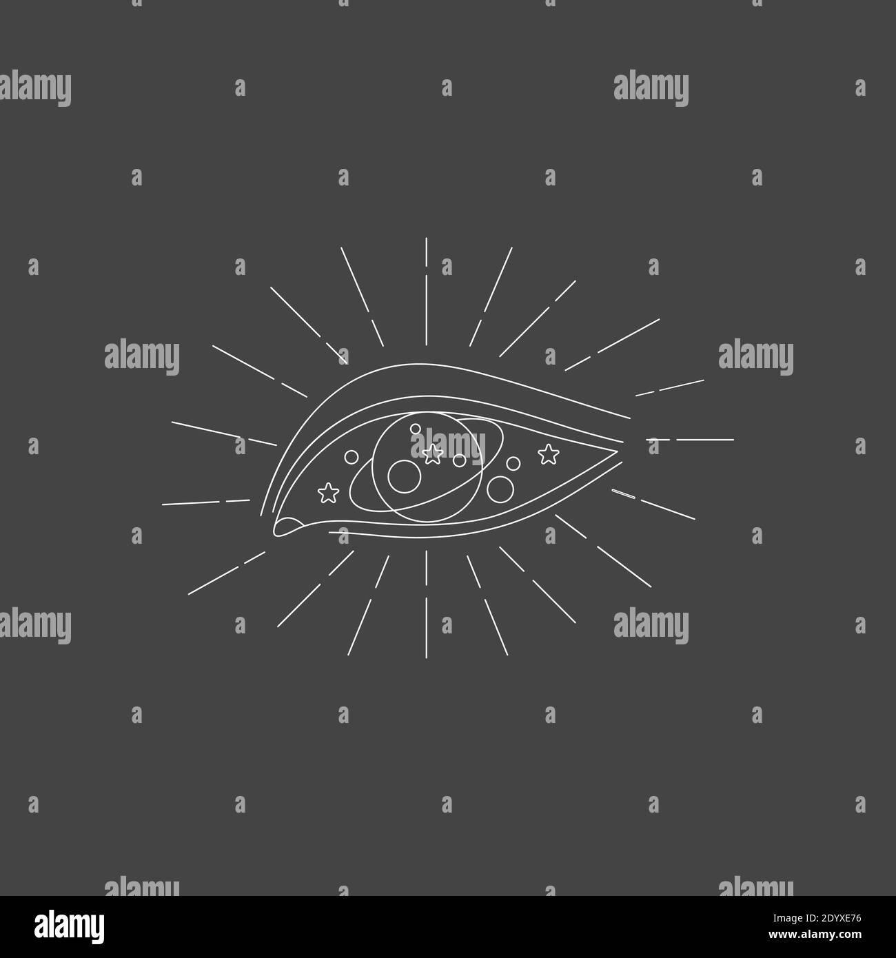 Tatuaggio oculare e spazio. Icona astrologica in bianco e nero con i raggi. Segno di Providence. Simbolo di chiaroveggenza. Illustrazione Vettoriale