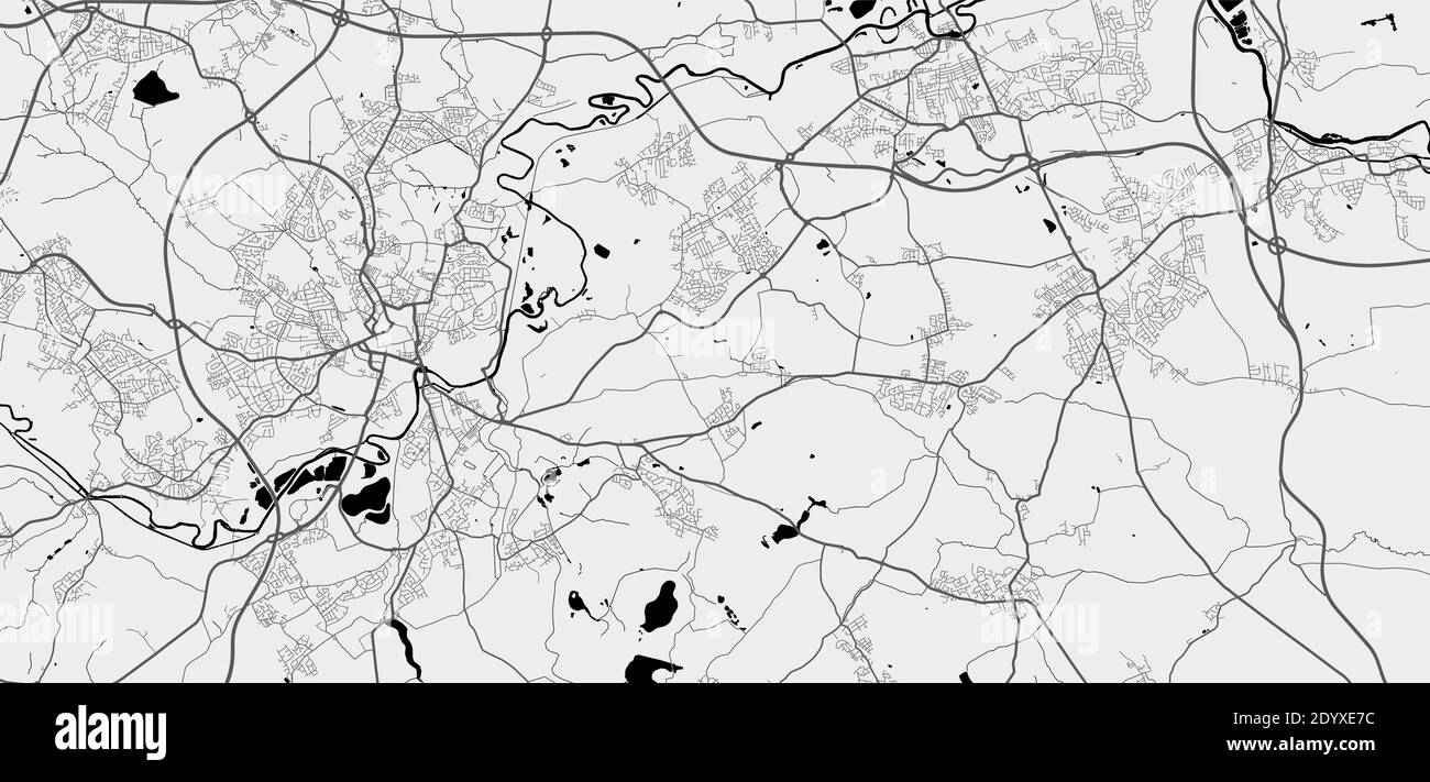 Mappa urbana di Wakefield. Illustrazione vettoriale, poster grafico in scala di grigi della mappa Wakefield. Immagine della mappa stradale con strade, vista dell'area metropolitana. Illustrazione Vettoriale