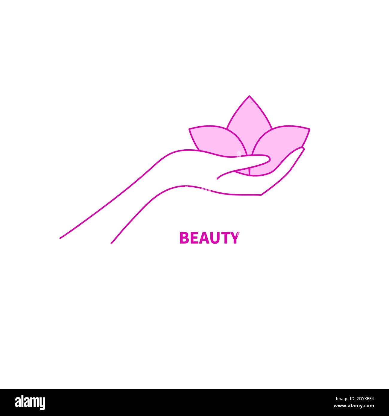 Mano femminile con logo lotus. Icona di bellezza con fiore. Illustrazione vettoriale Illustrazione Vettoriale