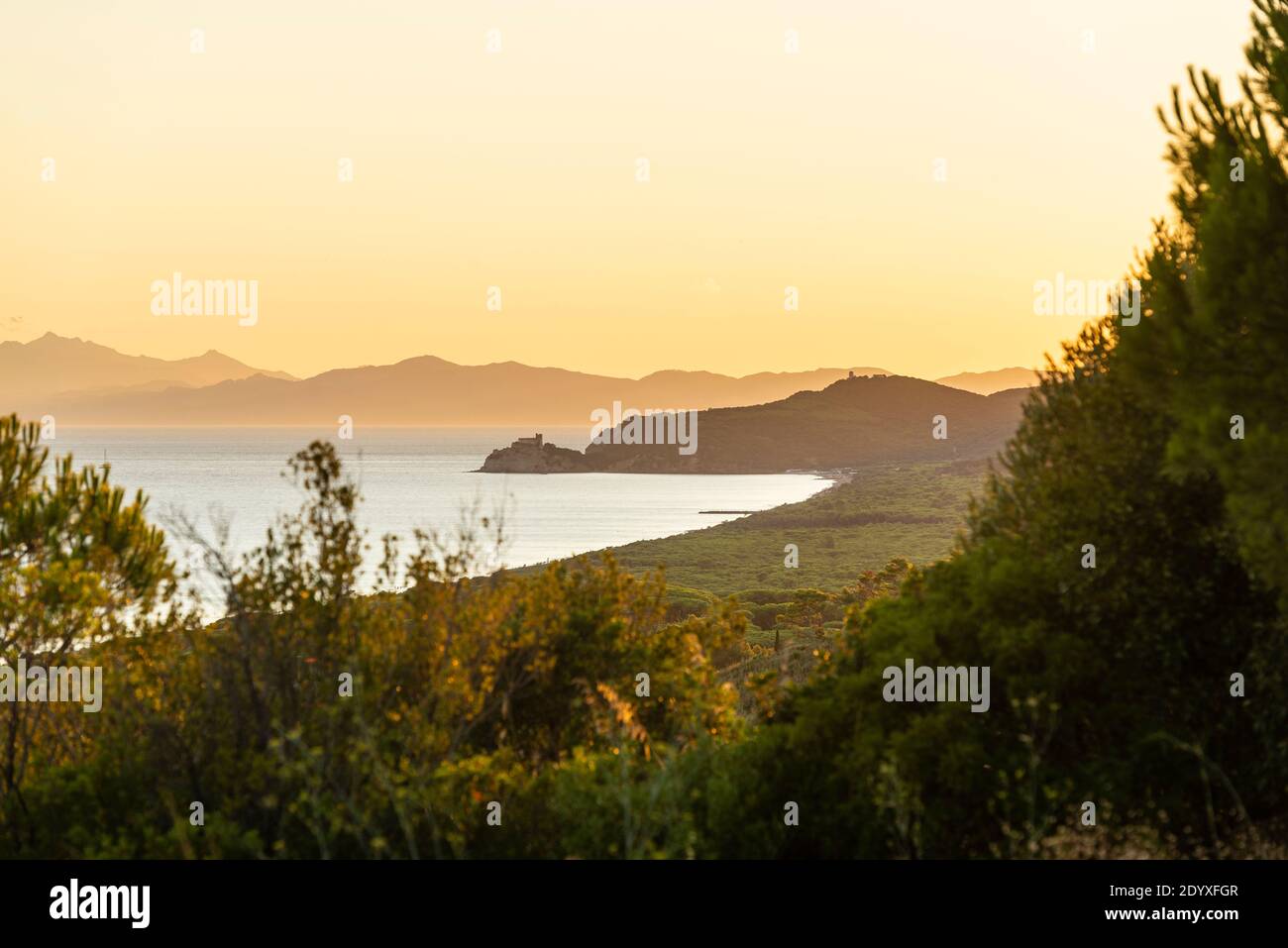 Vista da Castiglione della Pescaia attraverso la baia di Rochette fino al Mar Tirreno e l'isola d'Elba al tramonto, Maremma, Toscana, Italia Foto Stock