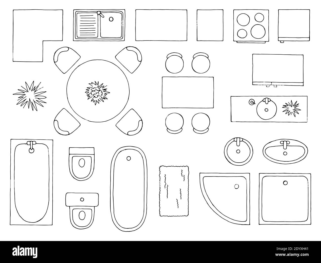Arredamento piano pavimento architetto design elemento grafico bianco nero vista aerea dello schizzo superiore vettore di illustrazione isolato Illustrazione Vettoriale
