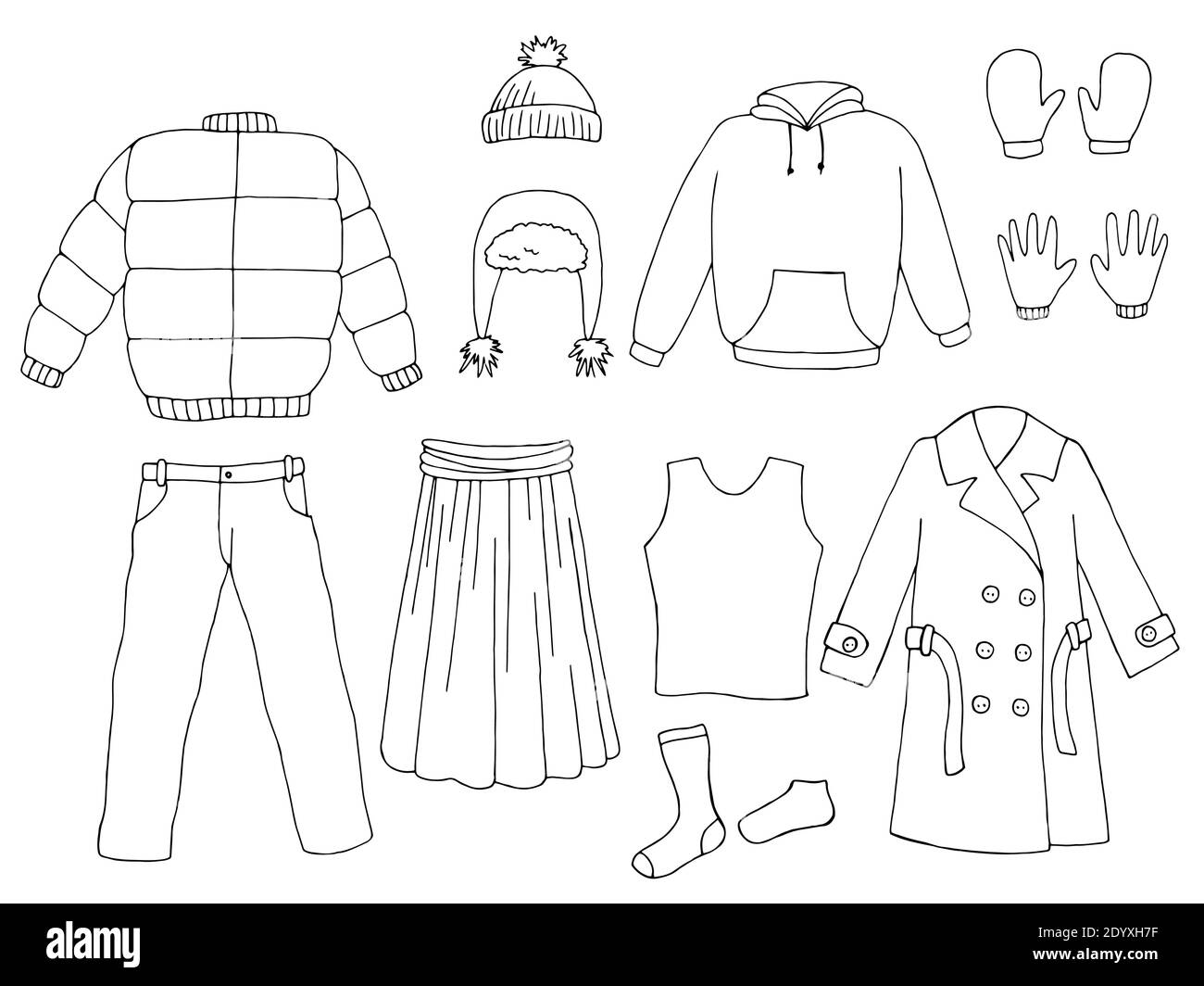 Grafica del set di abiti nero bianco isolato illustrazione vettore di schizzo Illustrazione Vettoriale