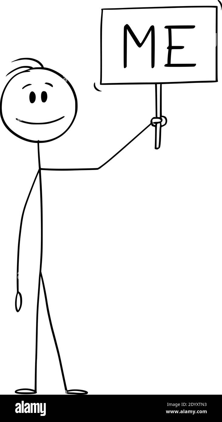 Vettore cartoon figura stick illustrazione di sorridente positivo uomo o uomo d'affari tenendo e mostrando me segno. Illustrazione Vettoriale