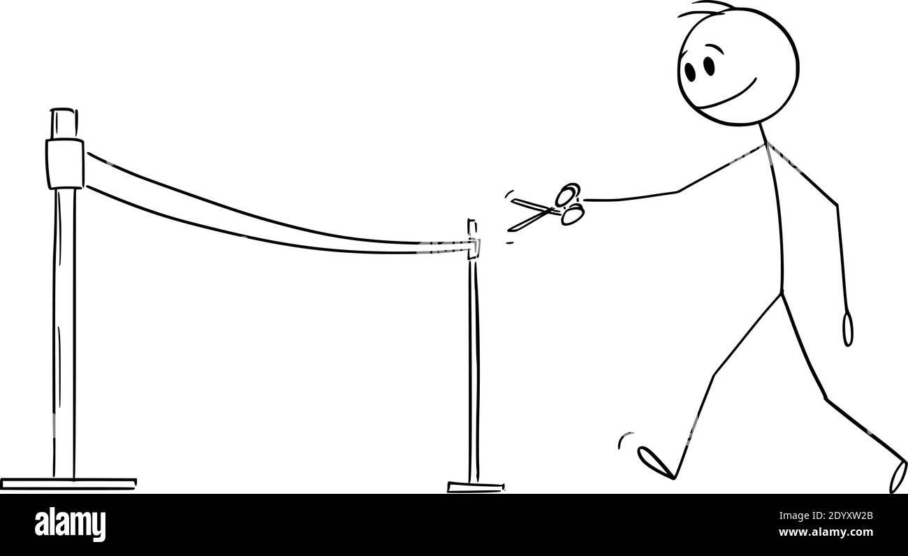 Figura del cartoon vettoriale illustrazione del politico, uomo o uomo d'affari che taglia il nastro con le forbici durante la cerimonia di apertura Illustrazione Vettoriale