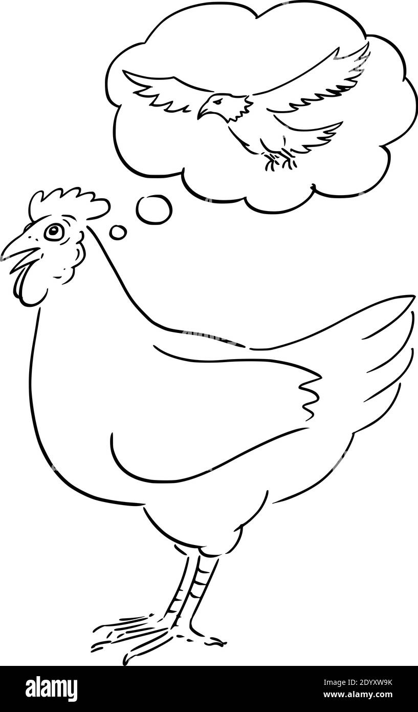 Vettore cartoon illustrazione concettuale di pollo o gallina sognare o pensare a volare come aquila. Illustrazione Vettoriale