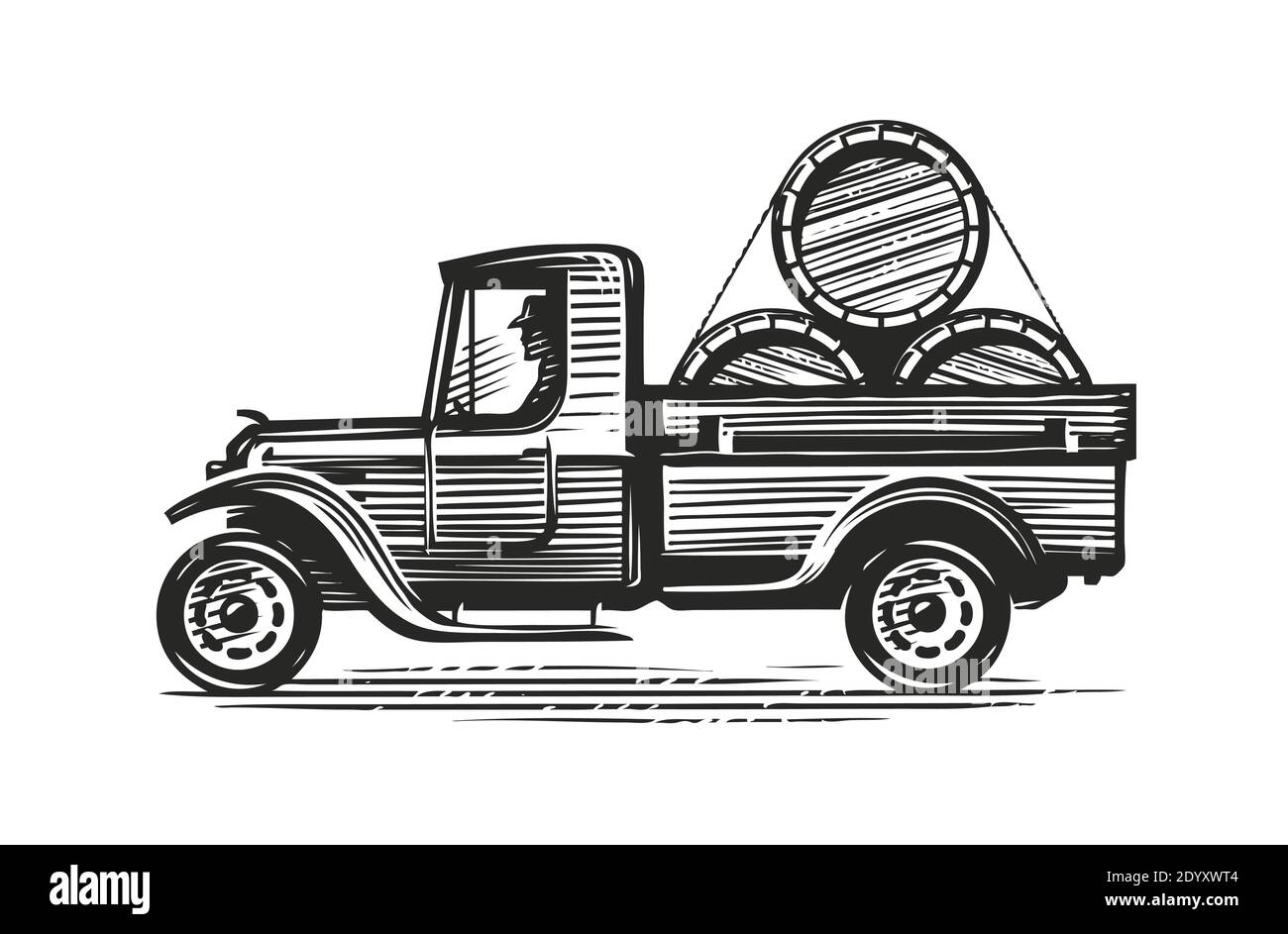 Camion retrò con barili di vino o altro alcool. Illustrazione vettoriale vintage dello schizzo dell'agricoltura Illustrazione Vettoriale