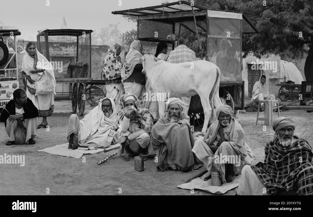 Gruppo di persone indù, alcuni mendicanti in cerca di elemosina, donna che vende tè, vacca Santa, e altri vicino Yamuna fiume in Vrindavan, Uttar Pradesh, India. Foto Stock