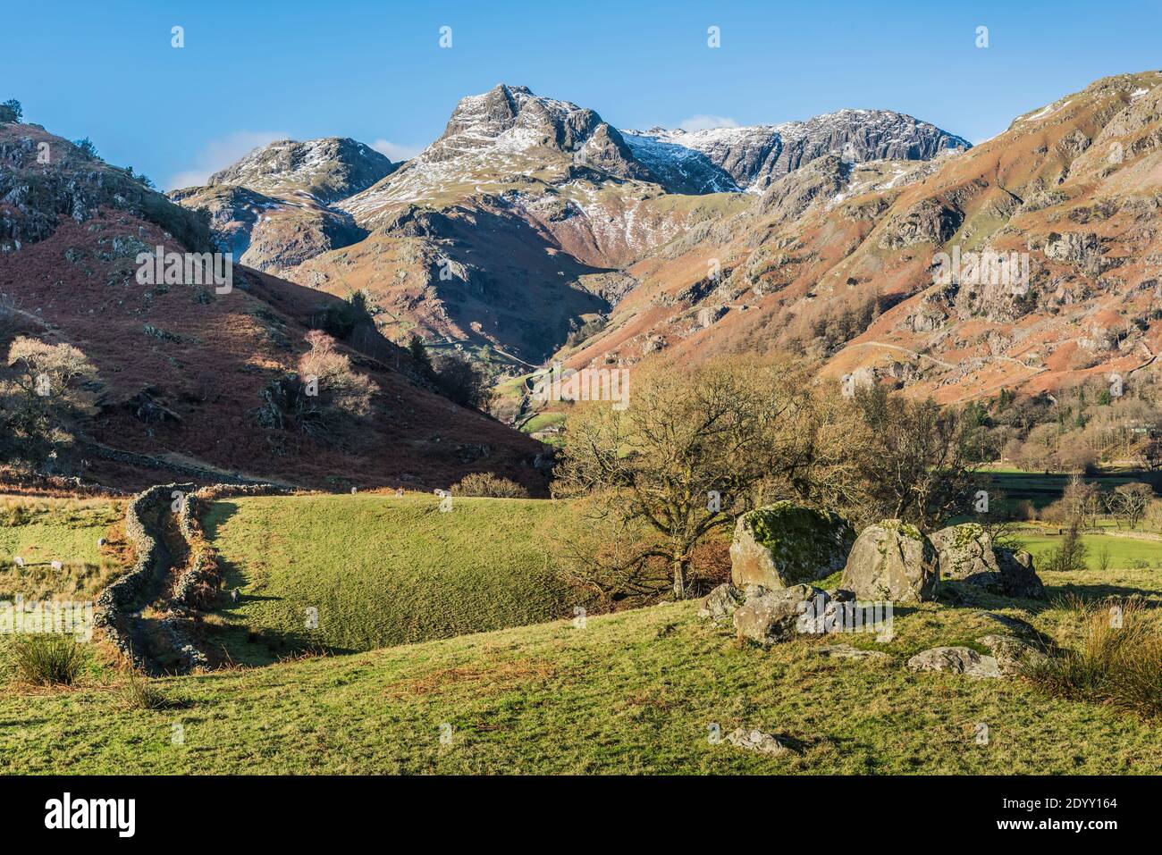 Inghilterra. L'immagine è una scena invernale dei Langdale Pikes, nella Valle di Langdale del Distretto dei Laghi, non lontano dalla città Cumbria di Ambleside Foto Stock