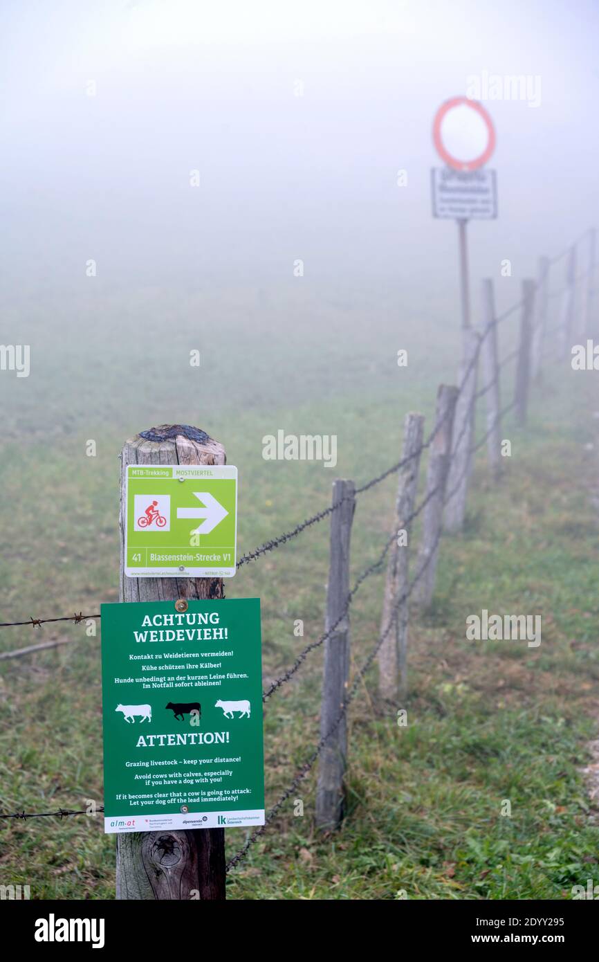 Österreich, Niederösterreich, Scheibbs, Warnschilder für Wanderer und Mountanbiker Foto Stock