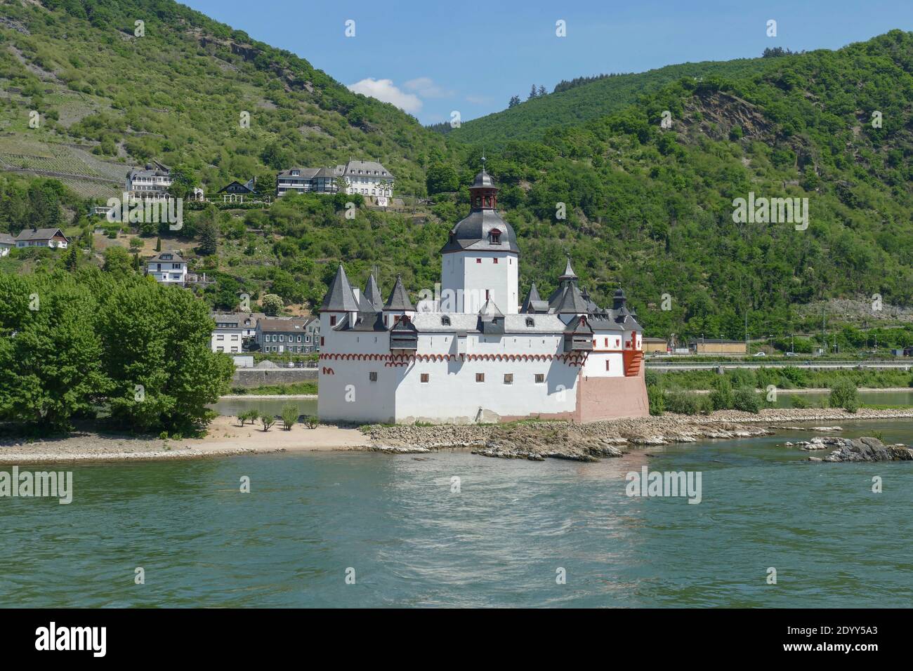 Castello di Pfalzgrafenstein alla gola del Reno sull'isola di Falkenau vicino a Kaub nella Renania-Palatinato, Germania Foto Stock