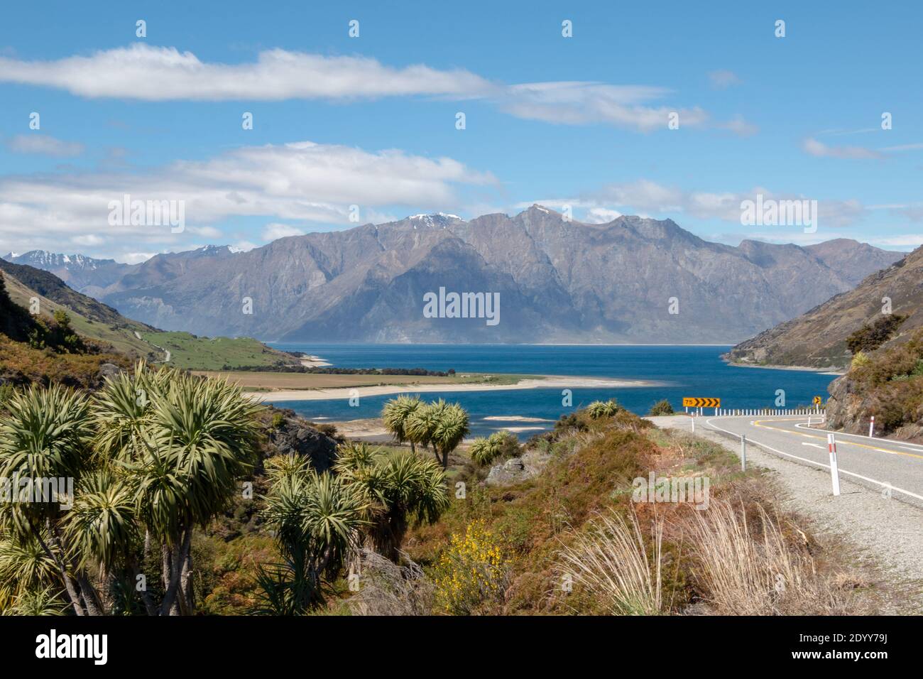 Vista sul lago Hawea e sulle Alpi meridionali a New Zelanda Foto Stock