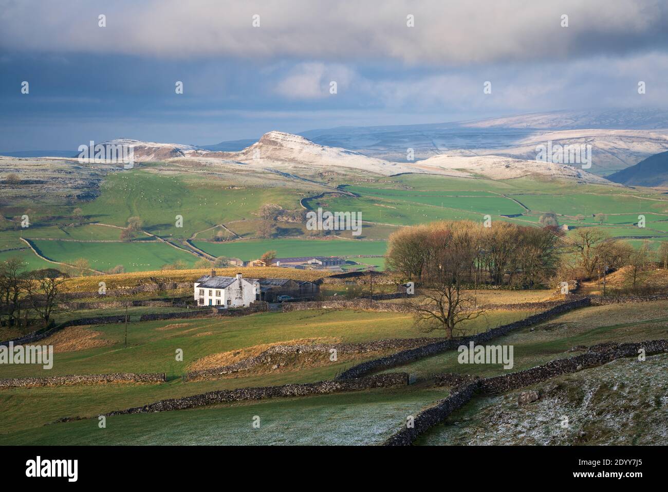 La Lower Winskill Farm è evidenziata da una macchia di sole invernale con le cicatrici calcaree innevate delle Yorkshire Dales che incorniciano la scena dietro. Foto Stock