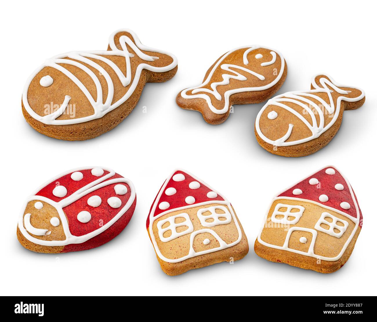 Set di biscotti natalizi con pan di zenzero su sfondo bianco Foto Stock