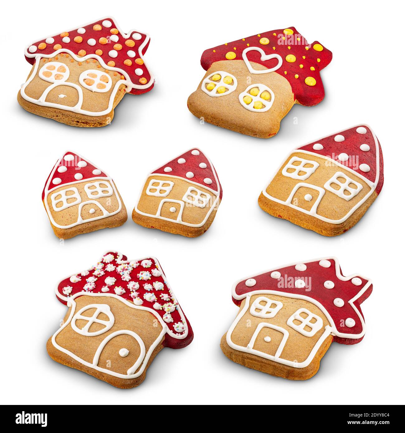 Set di pan di zenzero di Natale forma casa su sfondo bianco Foto Stock